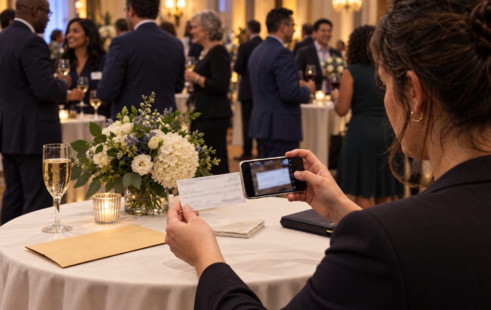 A supporter photographs a contribution check with her phone at a campaign fundraiser.