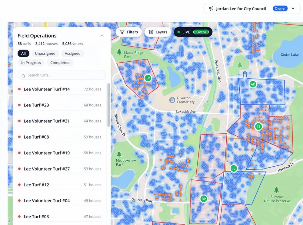 VoteCivic field operations map showing cut turf, assigned canvassers and contacted houses.