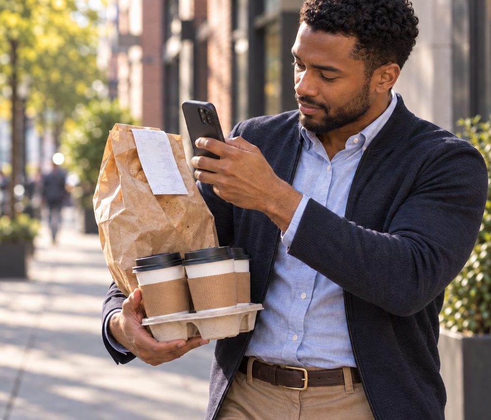A staffer photographs the receipt for a coffee run on the sidewalk outside the shop.